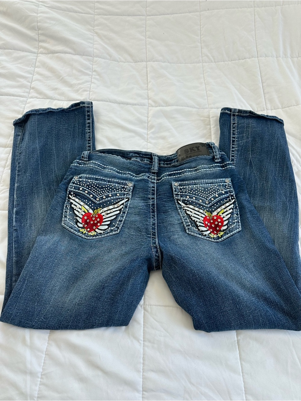 Sky Blue Boot Cut Jeans with Red Winged Heart Pockets